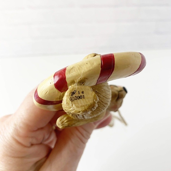 Vintage Ornament Bear Santa Hat Sitting On Candy Cane Folk Art 2001 Signed BP - Picture 5 of 9